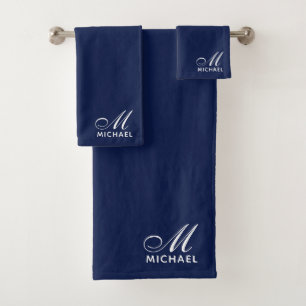 Élégant blanc Script initial Monogramme bleu marin