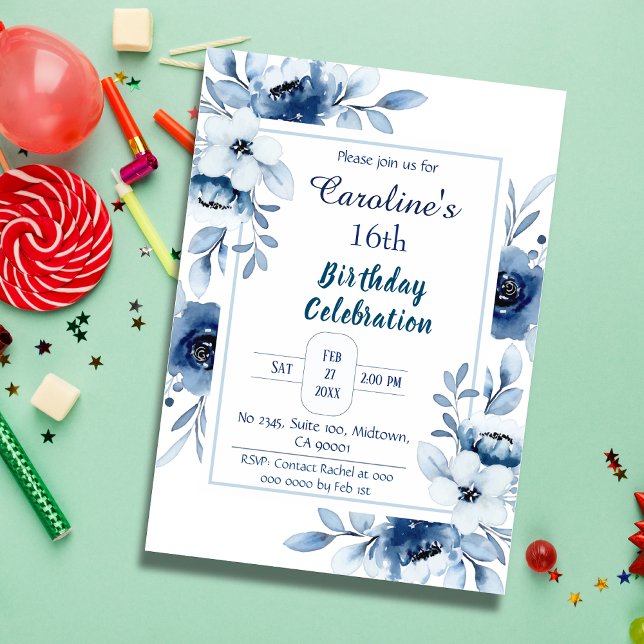 Elegant blau 16. Geburtstag Blautöne in Blau Einladung (Von Creator hochgeladen)