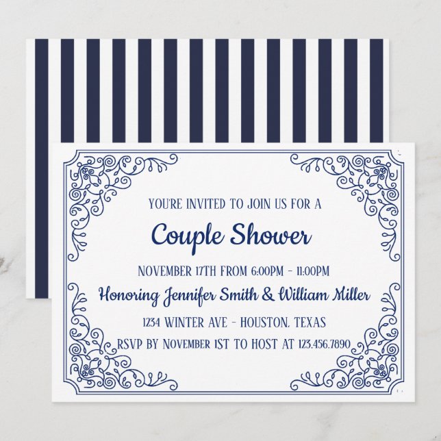 Elegant Blau blühend Swirl Rahmen Couple Dusche Einladung (Vorne/Hinten)