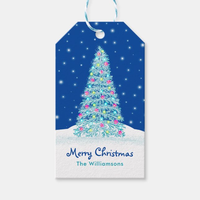 Elegant blau dekoriert Weihnachtsbaum Holiday Geschenkanhänger (Vorderseite)