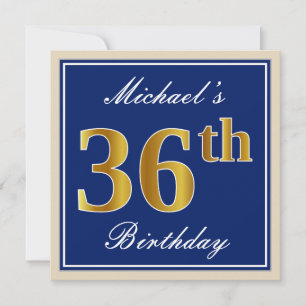 Elegant, Blau, Falsches Gold 36. Geburtstag + Name Einladung