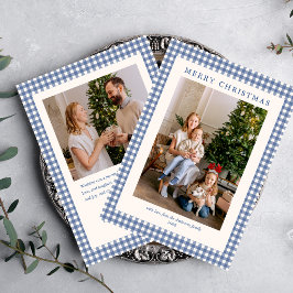 Elegant Blau Gingham Karo 2 Foto Weihnachten