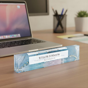 Elegant Blau Gold Marmor Kontenleiter Prüfungsleit Namensplakette