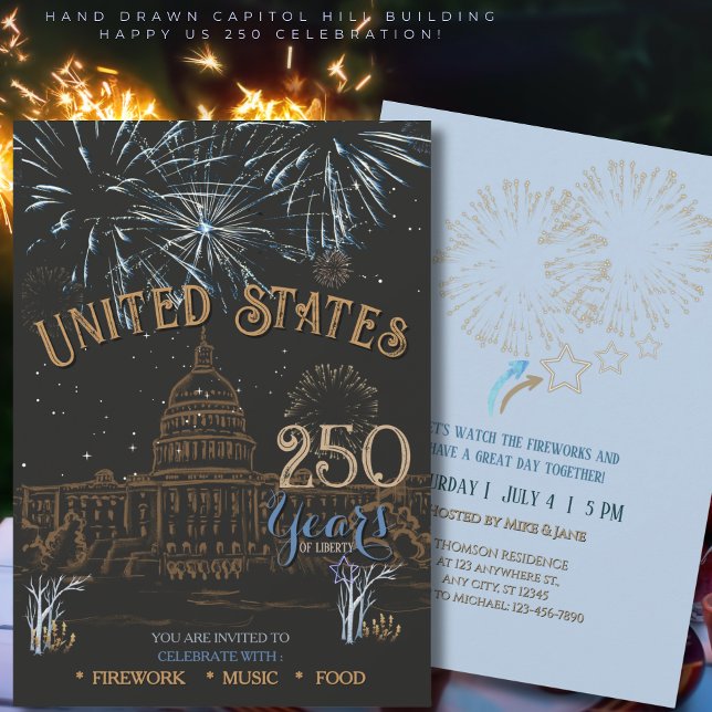 Elegant Blau & Gold US 250 Capitol Einladung (Elegant Blue & Gold US 250 Capi Invitation)