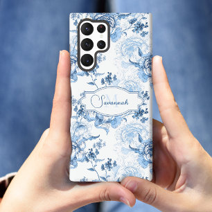 Elegant Blau Graviert Florales Name/Monogramm Samsung Galaxy Hülle