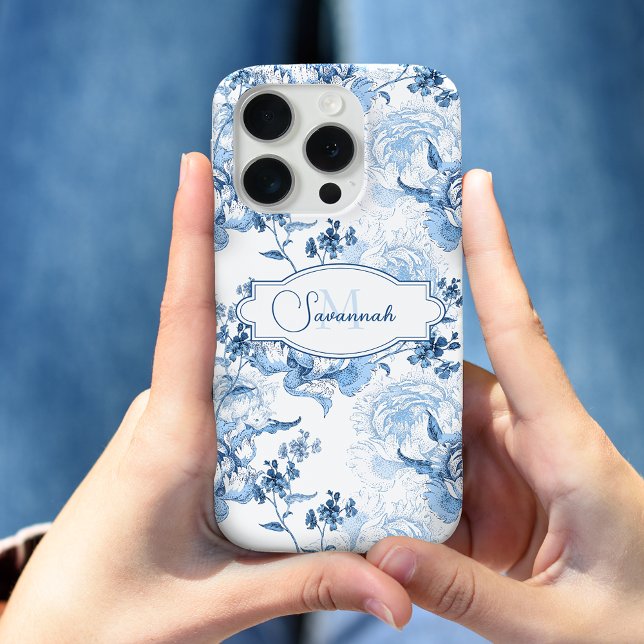 Elegant Blau Gravierte Blumige Name/Monogramm Case-Mate iPhone Hülle (Von Creator hochgeladen)