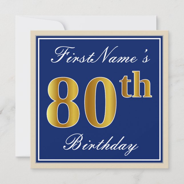 Elegant, blau, Imitat-Gold80. Geburtstag + Name Einladung (Vorderseite)