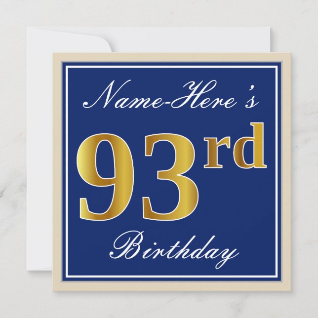 Elegant, blau, Imitat-Gold93. Geburtstag + Name Einladung (Vorderseite)