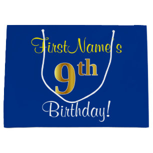 Elegant, blau, Imitat-Gold9. Geburtstag; Große Geschenktüte