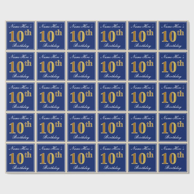 Elegant, blau, Imitate Gold 10. Geburtstag + Name Geschenkpapier (Flach)