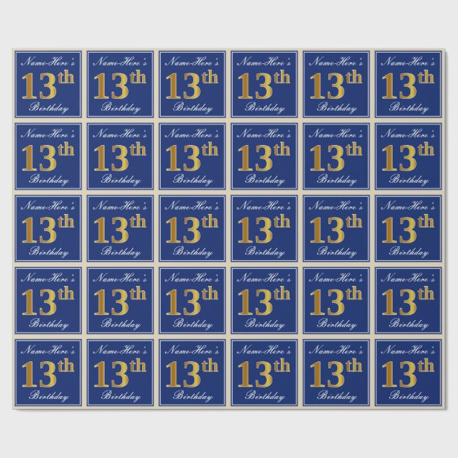 Elegant, blau, Imitate Gold 13. Geburtstag + Name Geschenkpapier (Flach)
