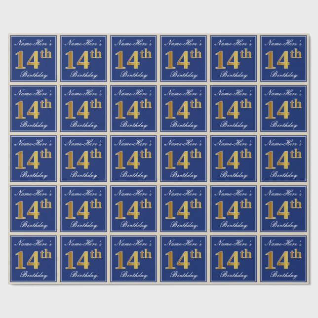 Elegant, blau, Imitate Gold 14. Geburtstag + Name Geschenkpapier (Flach)