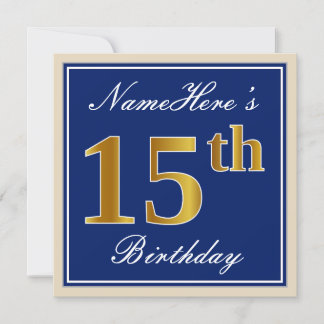 Elegant, blau, Imitate Gold 15. Geburtstag + Name Einladung