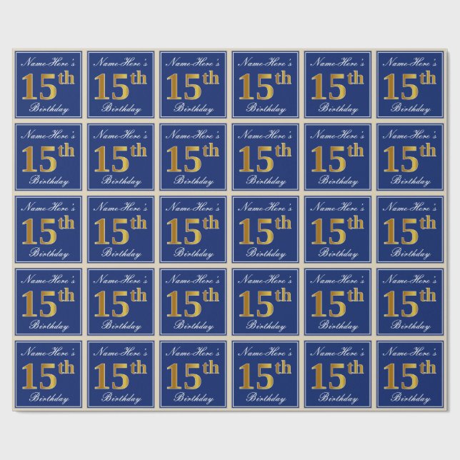 Elegant, blau, Imitate Gold 15. Geburtstag + Name Geschenkpapier (Flach)