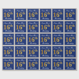 Elegant, blau, Imitate Gold 16. Geburtstag + Name Geschenkpapier