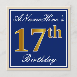 Elegant, blau, Imitate Gold 17. Geburtstag + Name Einladung