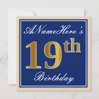 Elegant, blau, Imitate Gold 19. Geburtstag + Name Einladung