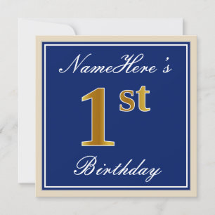 Elegant, blau, Imitate Gold 1. Geburtstag; Individ Einladung