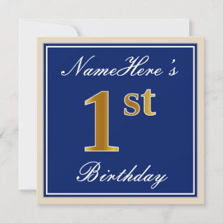 Elegant, blau, Imitate Gold 1. Geburtstag; Individ Einladung