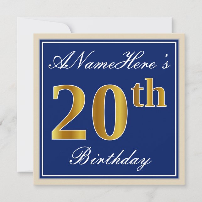 Elegant, blau, Imitate Gold 20. Geburtstag + Name Einladung (Vorderseite)