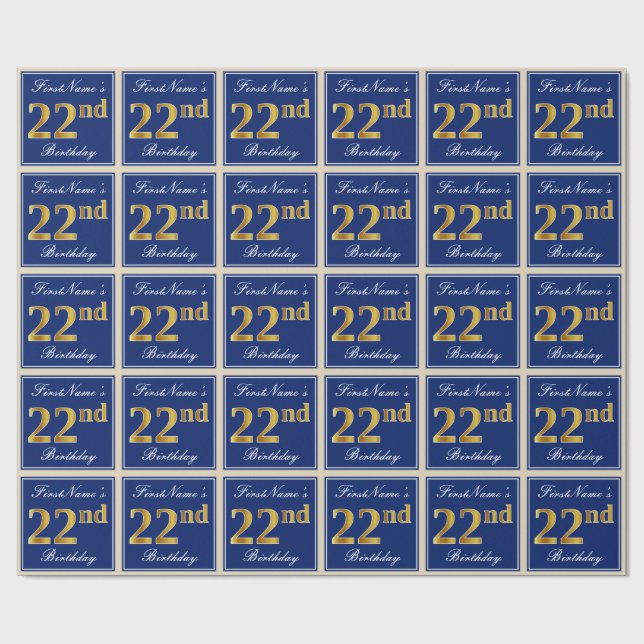 Elegant, blau, Imitate Gold 22. Geburtstag + Name Geschenkpapier (Flach)