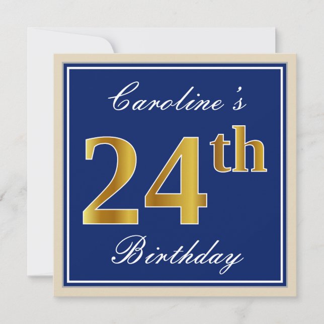 Elegant, blau, Imitate Gold 24. Geburtstag + Name Einladung (Vorderseite)