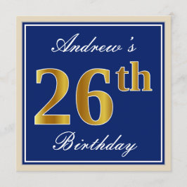 Elegant, blau, Imitate Gold 26. Geburtstag + Name Einladung