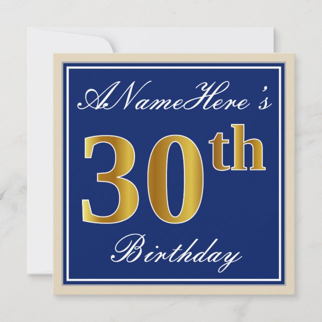 Elegant, blau, Imitate Gold 30. Geburtstag + Name Einladung (Vorderseite)