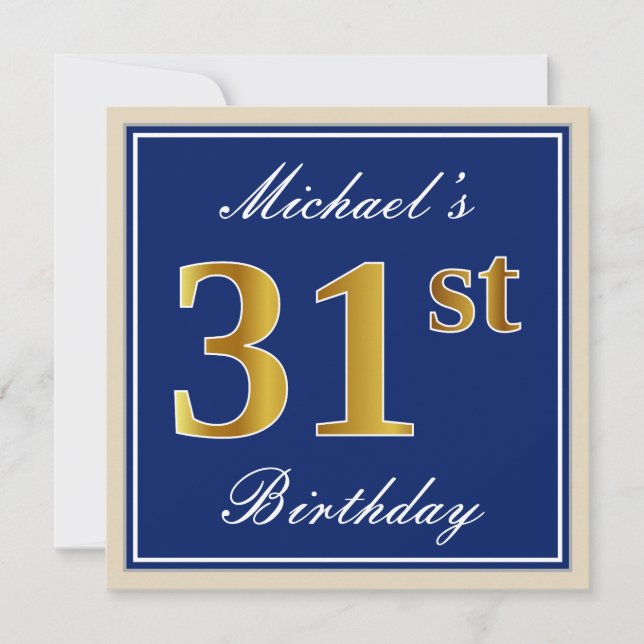 Elegant, Blau, Imitate Gold 31. Geburtstag + Name Einladung (Vorderseite)