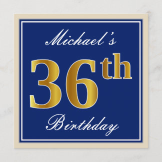 Elegant, blau, Imitate Gold 36. Geburtstag + Name Einladung