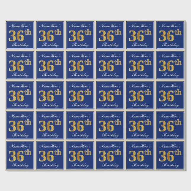 Elegant, blau, Imitate Gold 36. Geburtstag + Name Geschenkpapier (Flach)