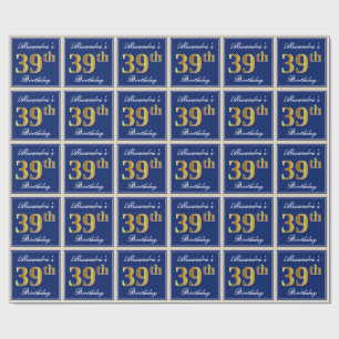Elegant, blau, Imitate Gold 39. Geburtstag + Name Geschenkpapier