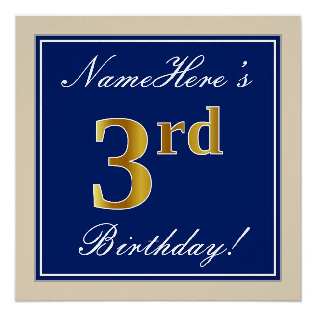 Elegant, blau, Imitate Gold 3. Geburtstag; Individ Poster (Vorderseite)