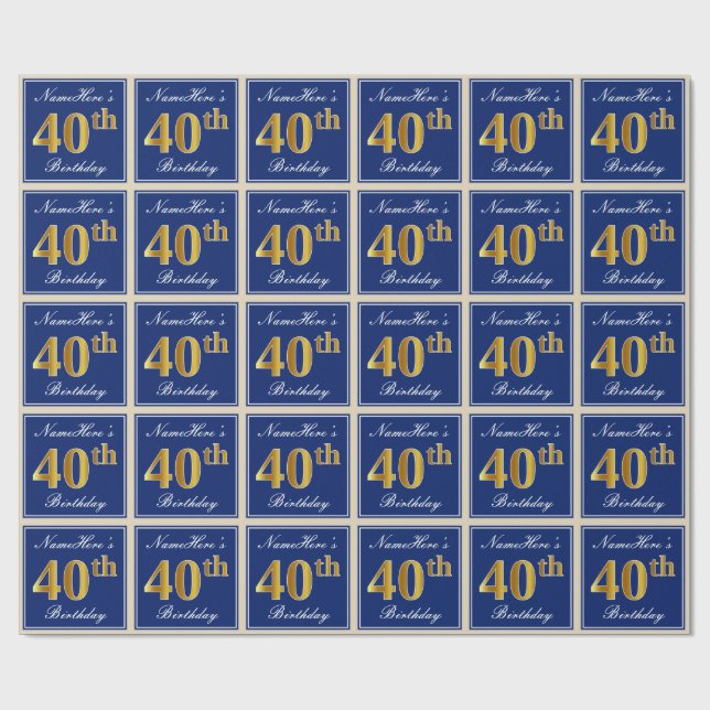 Elegant, blau, Imitate Gold 40. Geburtstag + Name Geschenkpapier (Flach)
