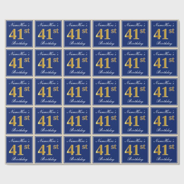 Elegant, blau, Imitate Gold 41. Geburtstag + Name Geschenkpapier (Flach)