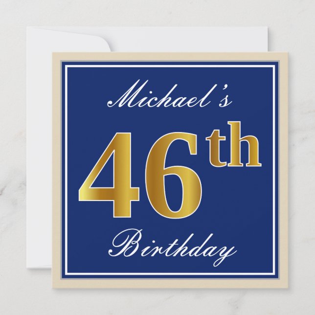Elegant, blau, Imitate Gold 46. Geburtstag + Name Einladung (Vorderseite)