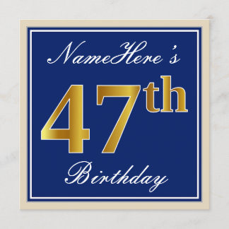 Elegant, blau, Imitate Gold 47. Geburtstag + Name Einladung