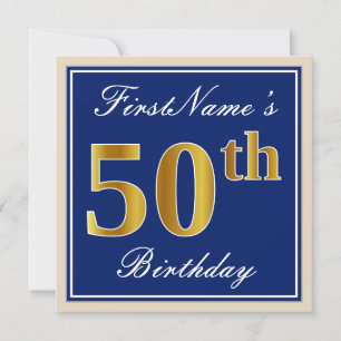 Elegant, blau, Imitate Gold 50. Geburtstag + Name Einladung