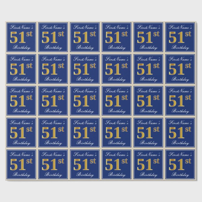 Elegant, blau, Imitate Gold 51. Geburtstag + Name Geschenkpapier (Flach)