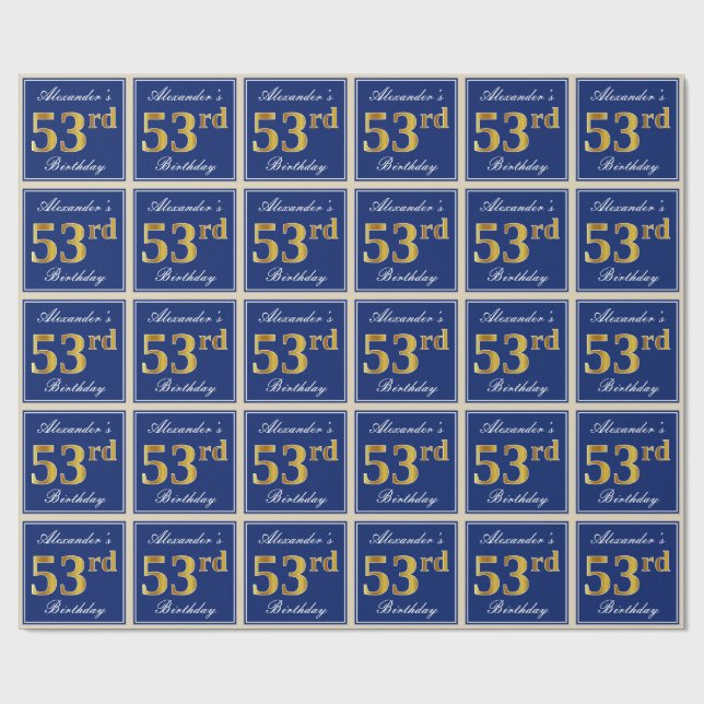 Elegant, blau, Imitate Gold 53. Geburtstag + Name Geschenkpapier (Flach)