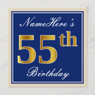 Elegant, blau, Imitate Gold 55. Geburtstag + Name Einladung