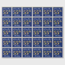 Elegant, blau, Imitate Gold 55. Geburtstag + Name Geschenkpapier