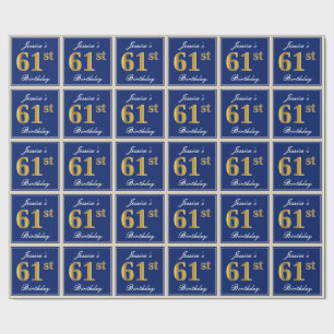 Elegant, blau, Imitate Gold 61. Geburtstag + Name Geschenkpapier