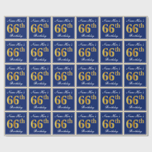 Elegant, Blau, Imitate Gold 66. Geburtstag + Name Geschenkpapier