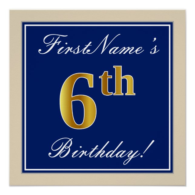 Elegant, blau, Imitate Gold 6. Geburtstag; Individ Poster (Vorderseite)