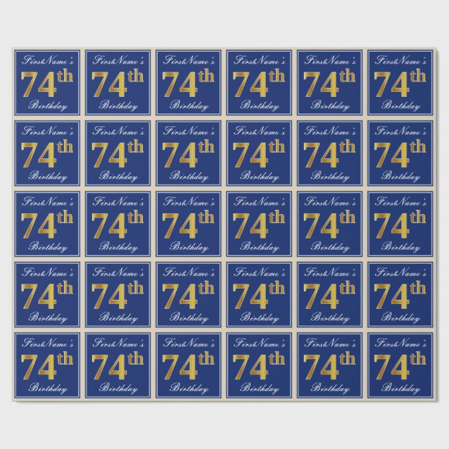 Elegant, blau, Imitate Gold 74. Geburtstag + Name Geschenkpapier (Flach)