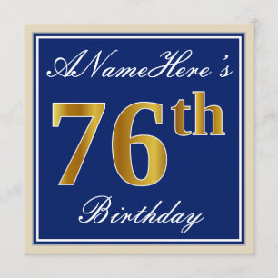 Elegant, blau, Imitate Gold 76. Geburtstag + Name Einladung