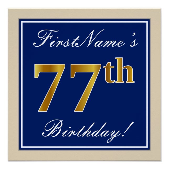Elegant, blau, Imitate Gold 77. Geburtstag + Name Poster (Vorderseite)