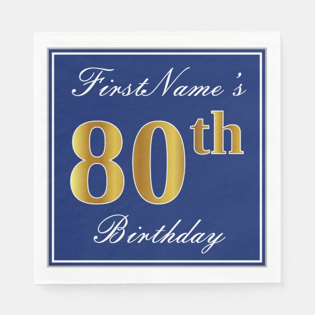 Elegant Blau, Imitate Gold 80. Geburtstag; Individ Serviette (Vorderseite)