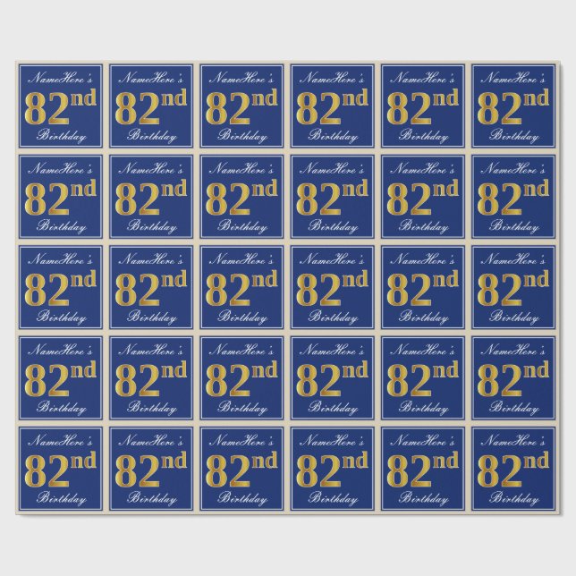 Elegant, blau, Imitate Gold 82. Geburtstag + Name Geschenkpapier (Flach)